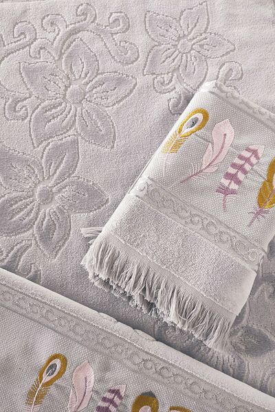 Sevim 2-Piece Embroidered Velvet Hand Towel - Jacquard Towel Set - 100% Cotton - Gray