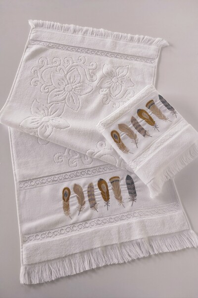 Sevim Рушник з вишивкою з пір'я, 2 шт. - Жаккардовий оксамитовий рушник для обличчя - 100% бавовна - білий