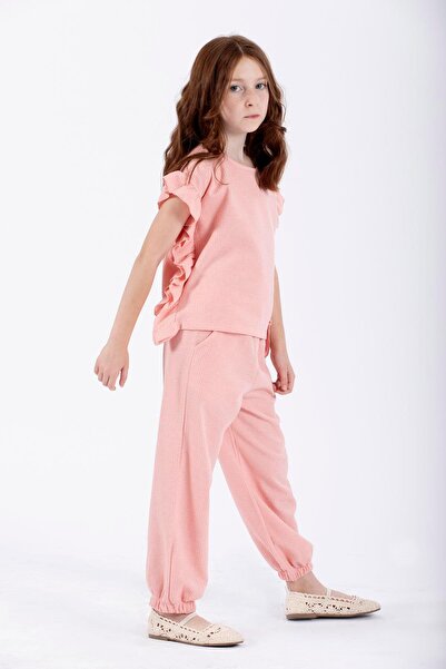 zepkids Pink Color Girl's Tracksuit Set with Ruffled Sides