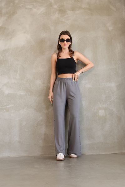 ESL ESLEM Women's Button Detailed Wide Leg Trousers – Elastic Waist, Comfortable Fit, Seasonal