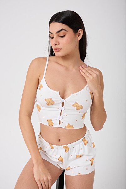 ELORİA Σετ σορτς με λεπτές τιράντες με σχέδιο αρκουδάκι, κομψό και χαριτωμένο καλοκαιρινό Animal b με τύπωμα