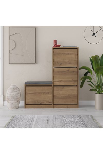 Mourah Home Dude Bench & Shoe Cabinet with Cushion- 16 Pairs - 4 Doors Shoe Rack