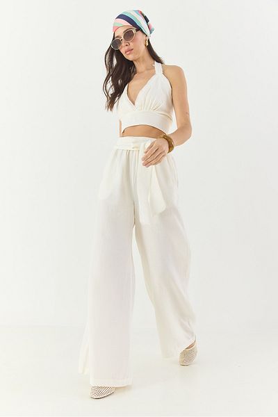 Bianco Lucci Damskie spodnie casualowe z naturalnego lnu, wiązane bezszwowe, trójkątne, z elastyczną talią, w stylu boho, 60283322