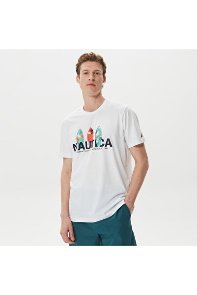 Nautica Erkek Beyaz Desenli Standart Fit T-Shirt