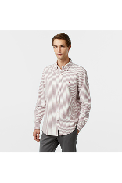 Nautica Erkek Bordo Classic Fit Çizgili Gömlek