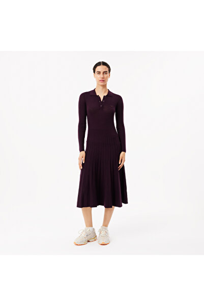 Lacoste Kadın Uzun Kollu Polo Yaka Yün Bordo Elbise