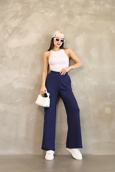 ESL ESLEM Women's Button Detailed Wide Leg Trousers – Elastic Waist, Comfortable Fit, Seasonal