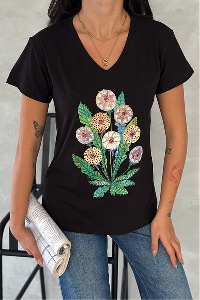 FEMELLE Tricou de damă, negru, cu decolteu în V, cu paiete florale și broderie, 100% bumbac