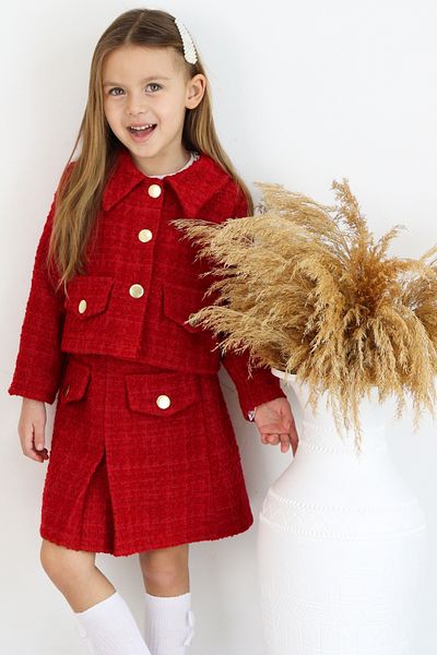 Parla Kids Girl's Red Carmen Tweed April 23 Skirt Jacket Christmas Set
