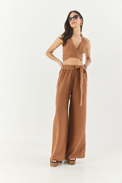 Bianco Lucci Γυναικείο φυσικό λινό δέσιμο χωρίς ραφή τρίγωνο Crop ελαστικό με μέση φαρδιά παντελόνι Bohemian Σετ 60283322