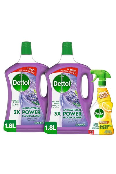 Dettol Lavender Antibacterial Power Floor Cleaner 1.8L Twin Pack + All Purpose Cleaner Lemon 500 ml