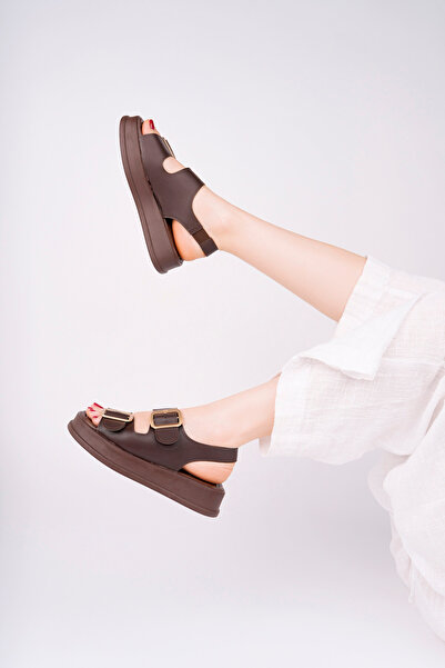 meyra'nın ayakkabıları Women's Coffee Skin Adjustable Double Buckle Back Elastic Comfort Sandals