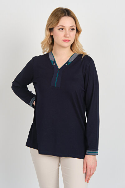 Detay Triko Жіноча блуза з V-подібним вирізом і камінням на комірі, довгими рукавами 5711 Ласі - зелена