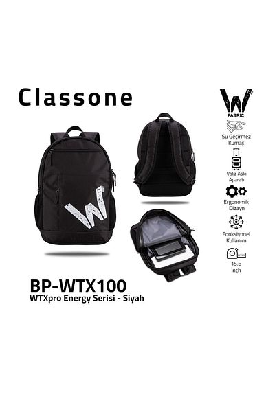 Classone Bp-wtx100 Energy Series 15.6 بوصة كمبيوتر محمول من القماش المقاوم للماء، حقيبة ظهر للكمبيوتر المحمول - أسود