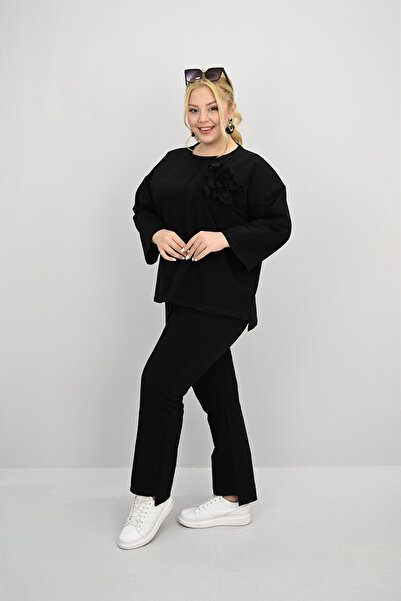 Koza Butik Γυναικείο Σετ Φόρμας Μεγάλου Μεγέθους Μακρυμάνικο Αξεσουάρ Λουλούδι 8182-25