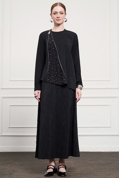 Nuss Asymmetrical Tunic Skirt Suit with Stones on the Front 1042 Black