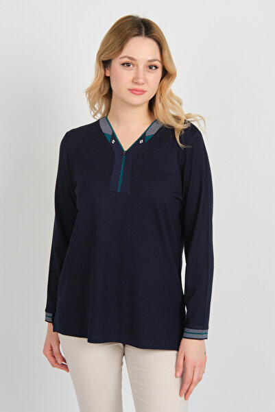 Detay Triko Жіноча блуза з V-подібним вирізом і камінням на комірі, довгими рукавами 5711 Ласі - зелена