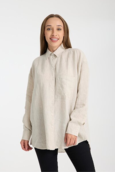 G-FOX Жіноча сорочка з 100% льону, оверсайз, вільний крій, довгі рукави – нат...
