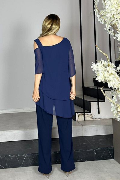gesmoda G1415 Chiffon Detailed Suit Navy Blue