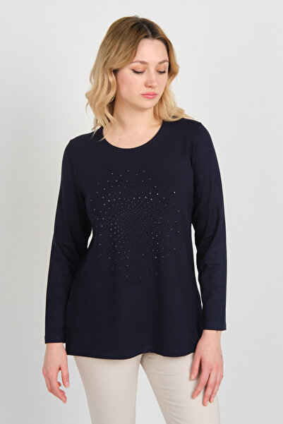 Detay Triko Жіноча блуза з розрізом і камінням, довгі рукави, 5703, темно-синя