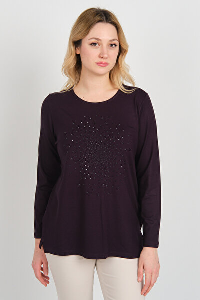 Detay Triko بلوزة نسائية بأكمام طويلة ومطرزة بالأحجار مع فتحات جانبية 5703 برقوق