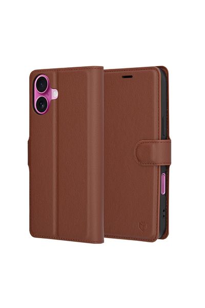 SKYDDAR INNOVATION Husă pentru iPhone 16 Plus, piele tip folio, tip carte, portofel interior, finisaje premium, maro, set de stickere