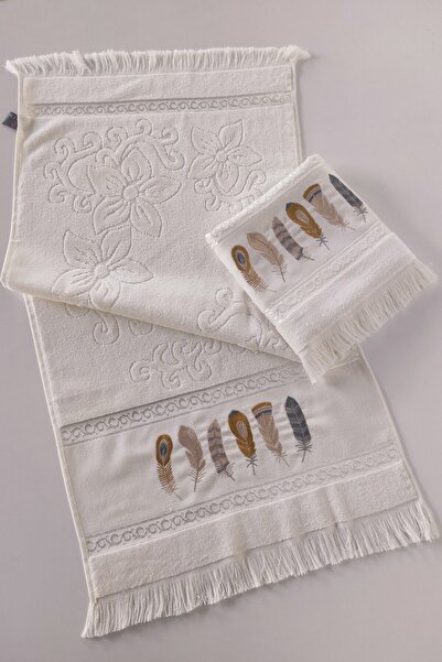 Sevim 2 Pack Embroidered Velvet Hand Towels - Jacquard Feather Embroidered Face Towel - 100% Cotton - Cream