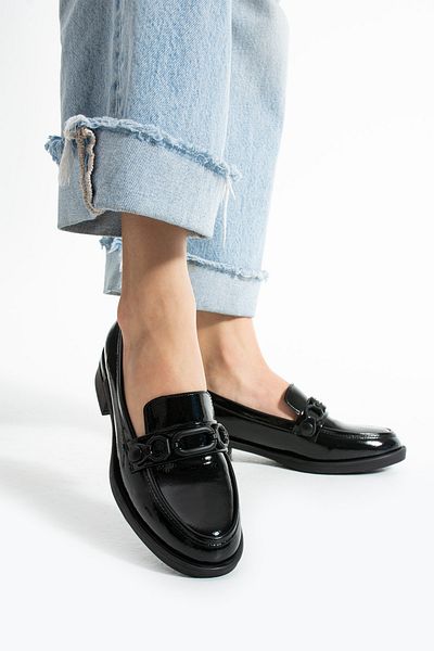 Güllü Shoes Black Crinkled Patent Leather Buckle Vegan Leather Women's Loafer Shoes |   Comfortable Daily Office Stylish Shoes