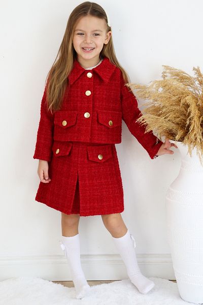 Parla Kids Girl's Red Carmen Tweed April 23 Skirt Jacket Christmas Set