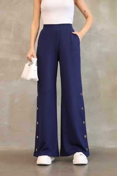 ESL ESLEM Women's Button Detailed Wide Leg Trousers – Elastic Waist, Comfortable Fit, Seasonal
