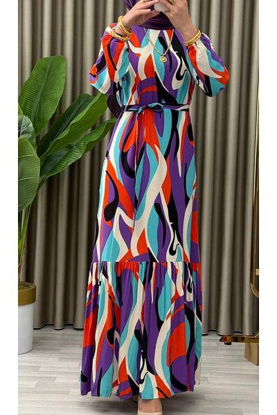 Dagü Design Women's Hijab Ruffled Long Patterned Viscose Dress