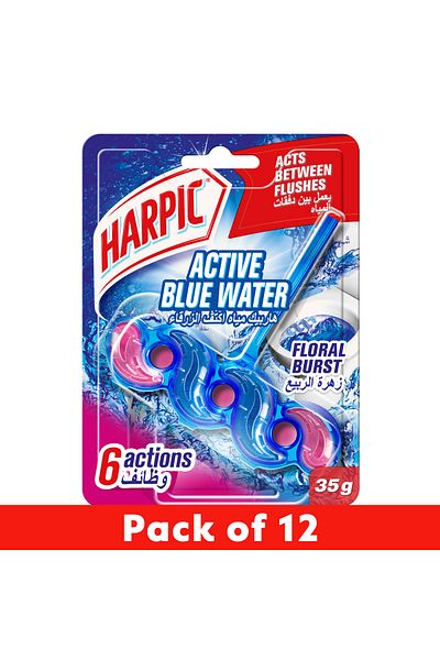 Harpic Active Blue Water Toilet Cleaner Rim Block, Floral Burst Scent, 35g X12