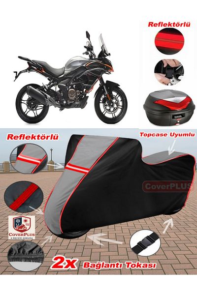 CoverPlus Voge 300 DS Tarpaulin Topcase متوافق مع القماش المشمع للدراجات النارية (رمادي-أسود أحمر مخيط)