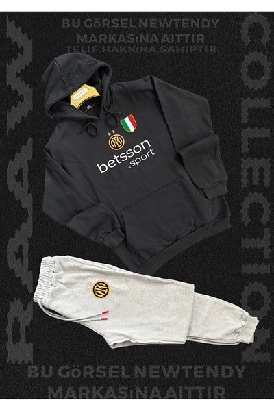 Minikelya Inter Logo Hooded Sweatshirt and Sweatpants Set Men's Fan Sportswear Set 2-Piece Combination