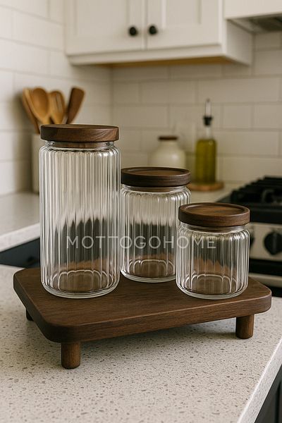 Mottogo Set of 3 Glass Jars with Stand – 500 Ml, 700 Ml, 1000 ml – Wooden Lids