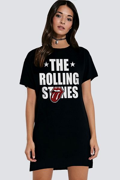 ROCKANDROLL Rolling Stones Black Short Sleeve Combed Cotton Women's T-Shirt Dress