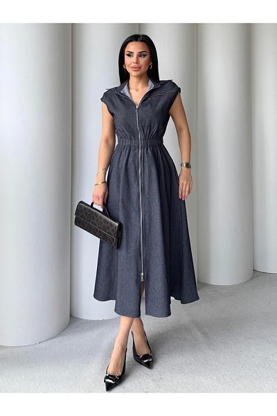 HARMONY GLOBAL Rochie de damă cu talie elastică, cu fermoar, din denim, lungime midi 7273