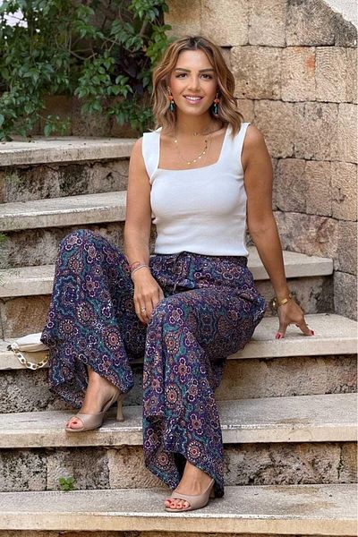 Nevin Kaya Moda Italian Navy Blue Tile Patterned 100% Cotton Viscose Trousers