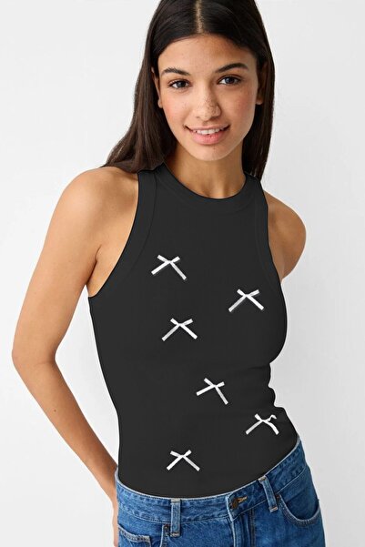 GIA - ART Tricou cu nervuri, fără mâneci, cu decolteu, cu detaliu de panglică