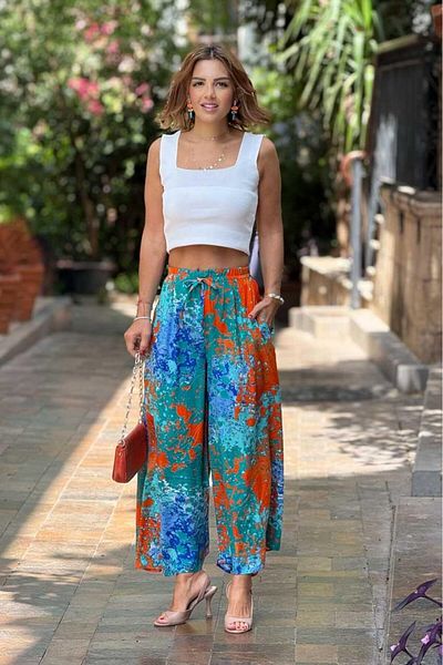 Nevin Kaya Moda Italian Turquoise Paint Patterned 100% Cotton Viscose Trousers