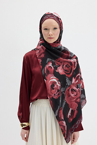 cs camellia scarf Rossa Kraş Şal - Siyah Bordo
