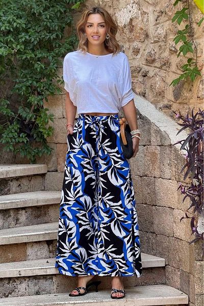 Nevin Kaya Moda Italian Blue Leaf Patterned 100% Cotton Viscose Trousers