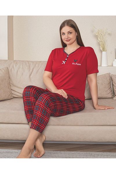 Asel Large Size Red Short Sleeve Bamboo Pajama Set