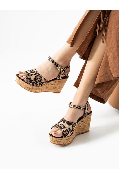 ALEMDAR AYAKKABI Corkina Leopard Wedge Heeled Women's Sandals