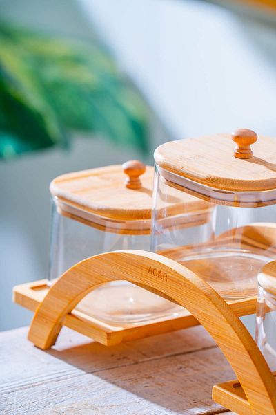 ACAR 3-Piece Borosilicate Glass Spice Rack Set with Malibu Bamboo Stand