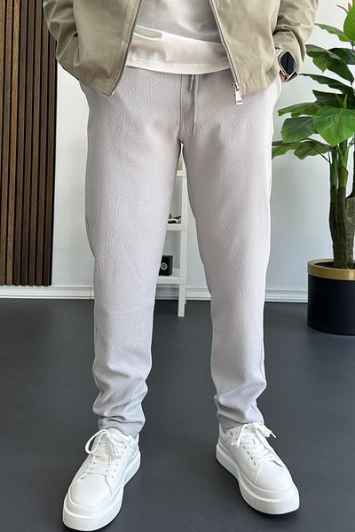 Edwox Men's Elastic Waist Seersucker Fabric Jogger Trousers Gray Edw358