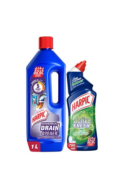 Harpic Pine Active Fresh Toilet Cleaner 750ml Powerful Drain Opener Cleaning Gel 1 L