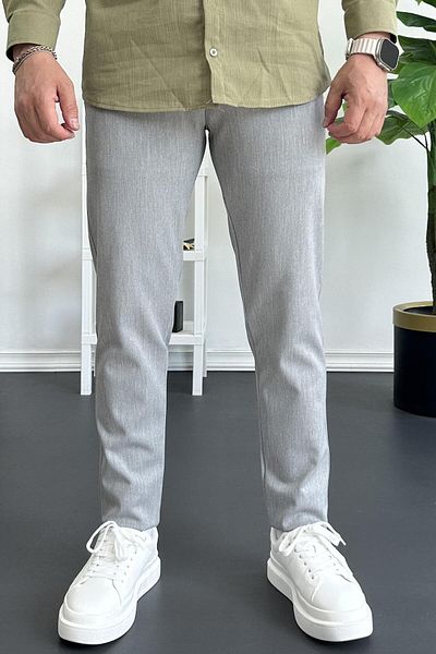 Edwox Men's Buttoned Waist Cotton Slim Fit Trousers Gray Edw364