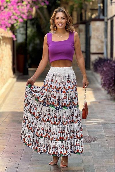 Nevin Kaya Moda White Spring Branch Patterned 100% Cotton Viscose Skirt
