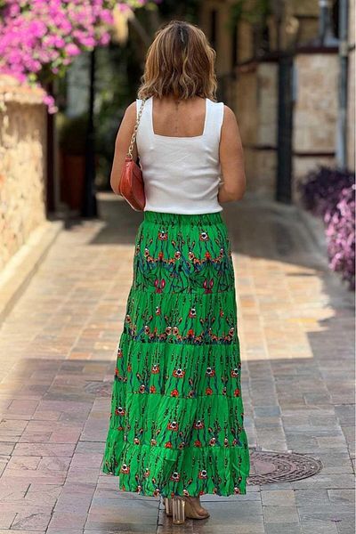 Nevin Kaya Moda Green Spring Branch Patterned 100% Cotton Viscose Skirt